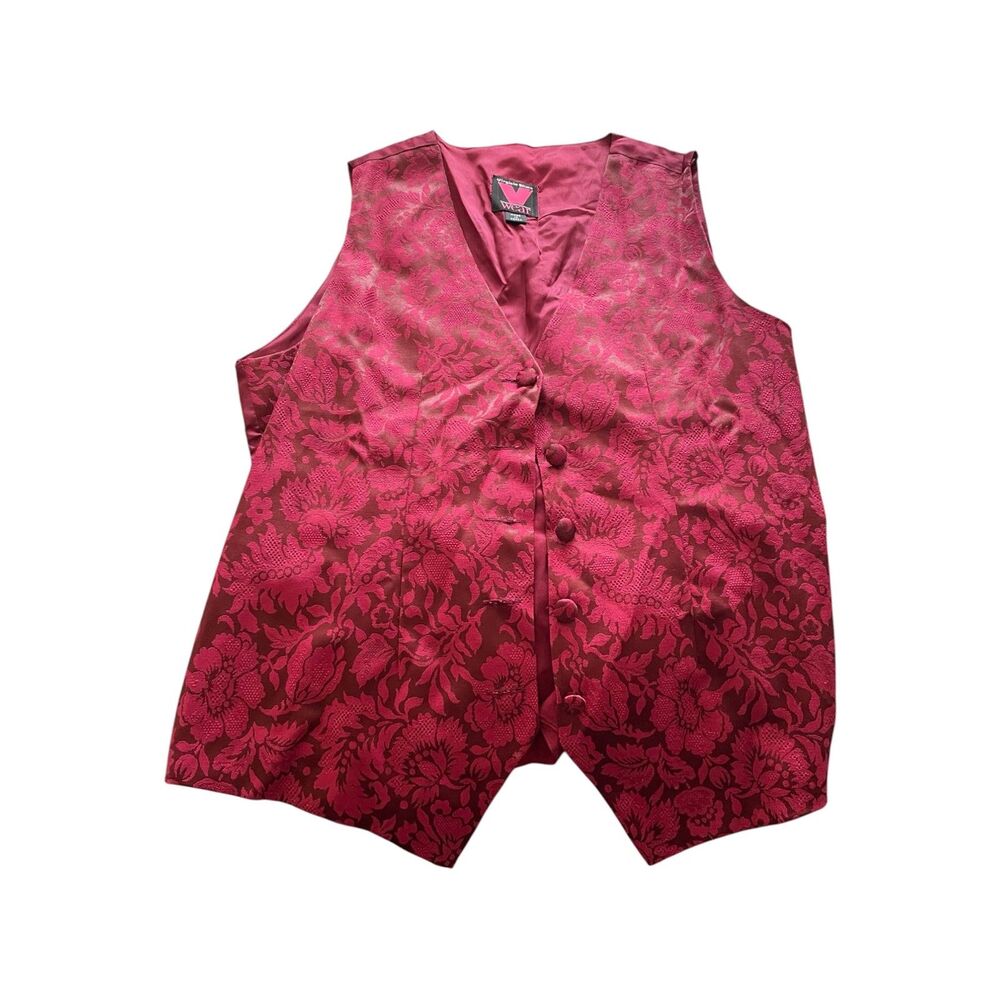 Vintage 90s Dark Red Burgundy Floral Jacquard Adjustable Vest Whimsigoth S/M